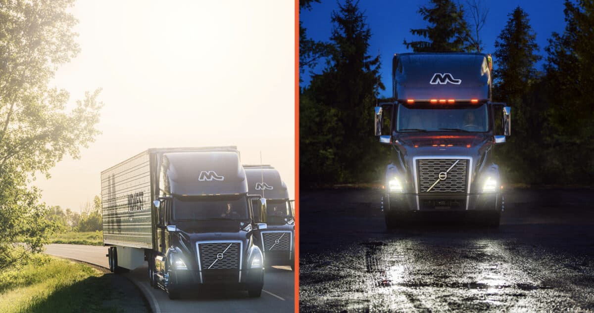 Two Midwest Carriers trucks in different settings, one in daylight driving down the road and the other in night time parked in a lot