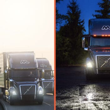 Two Midwest Carriers trucks in different settings, one in daylight driving down the road and the other in night time parked in a lot