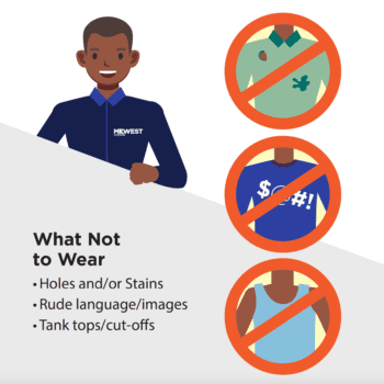 Infographic with Midwest Carriers Representative showing what not wear while driving a Midwest Carriers truck. This includes shirts with holes and/or stains, rude language/images, and tack tops/cut-offs.