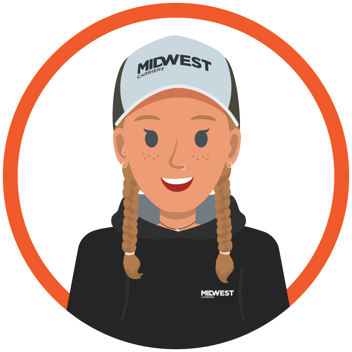 An illustration of a woman wearing a Midwest Carriers baseball cap and sweatshirt. She has two braids on either side of her face and is smiling. She is framed within an outline of a red circle.